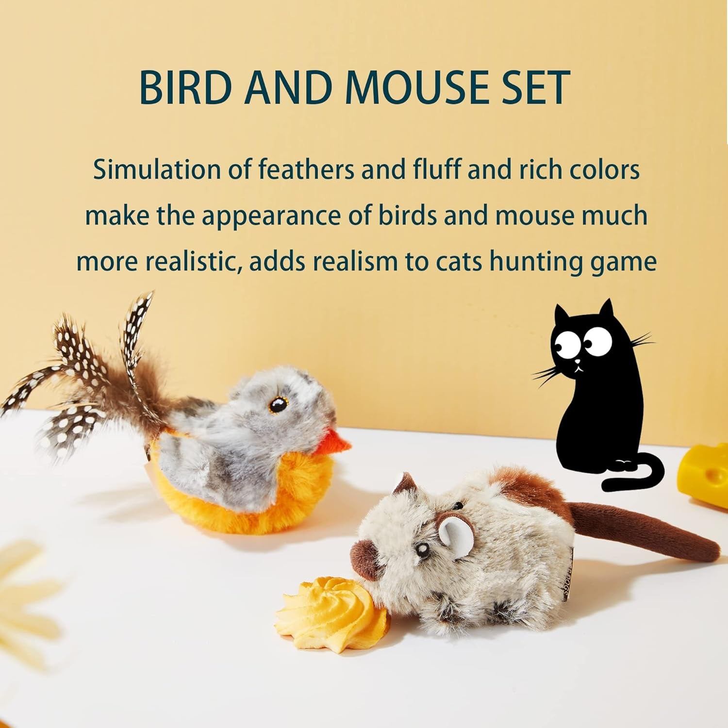 2 Pack Cat Toys Interactive for Indoor Cats Feather Squeaky Bird & Mouse Kitten Plush Toys, Three Dogs & a Cat Melody Chaser Motion Activated Kitty Toys with Bird Chirping