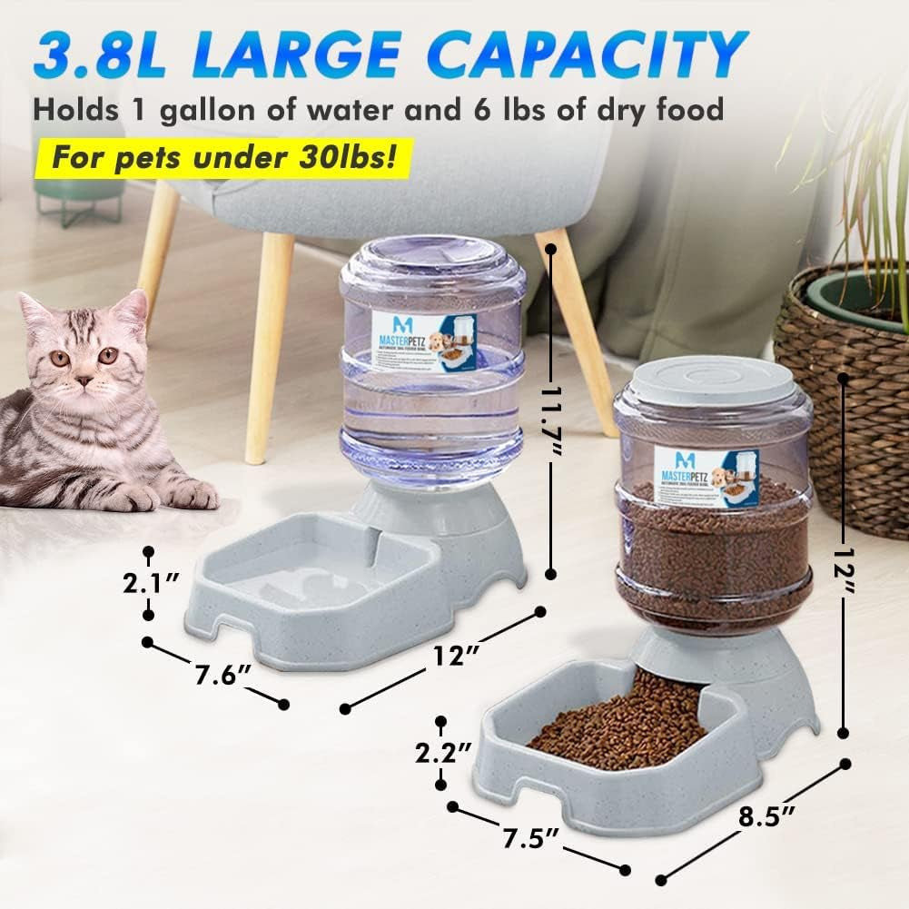 2 Pack Cat Feeder Automatic and Water Dispenser for Dogs Pets, 1 Gallon Gravity Feed Water Bowl Waterer for Small Medium Cats Auto Pet Waterer Replenish