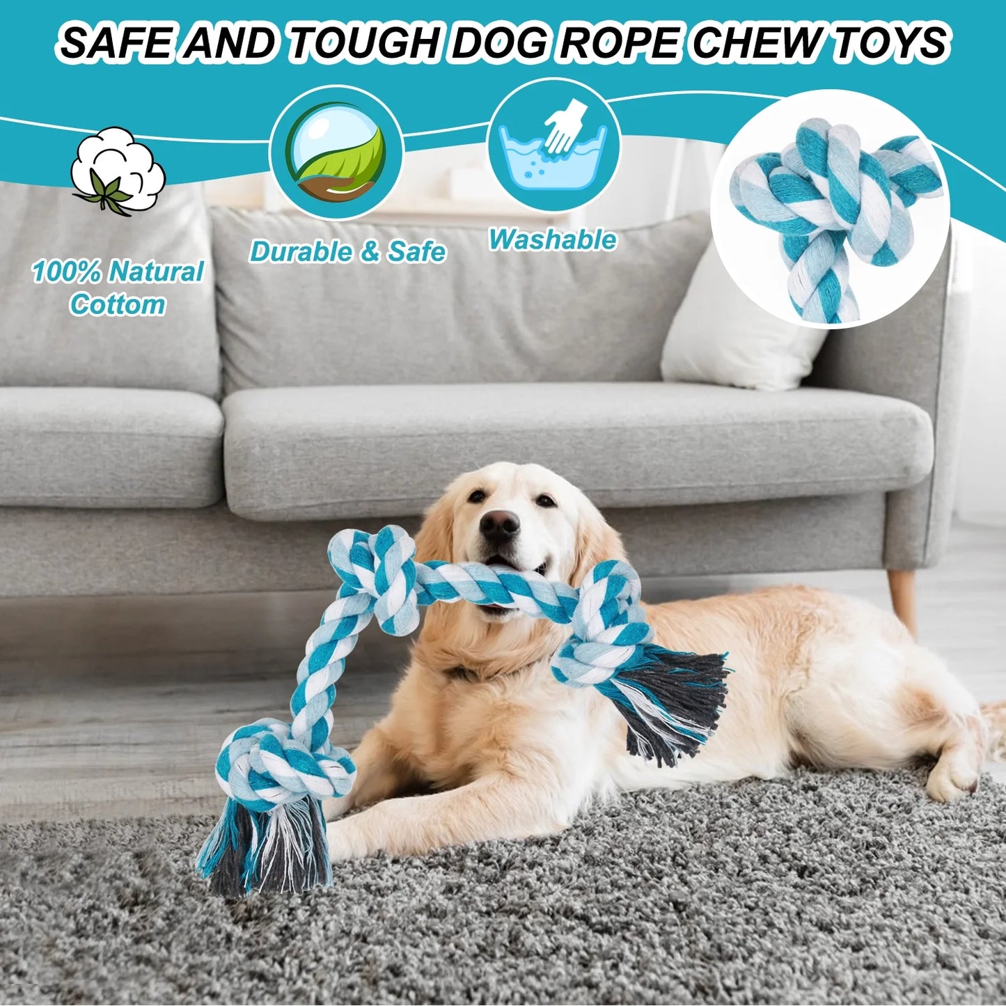 Durable Braided Cotton Dog Rope Toys with 3 Knots for Effective Teeth Cleaning - Ideal Gift for Pets (Blue)