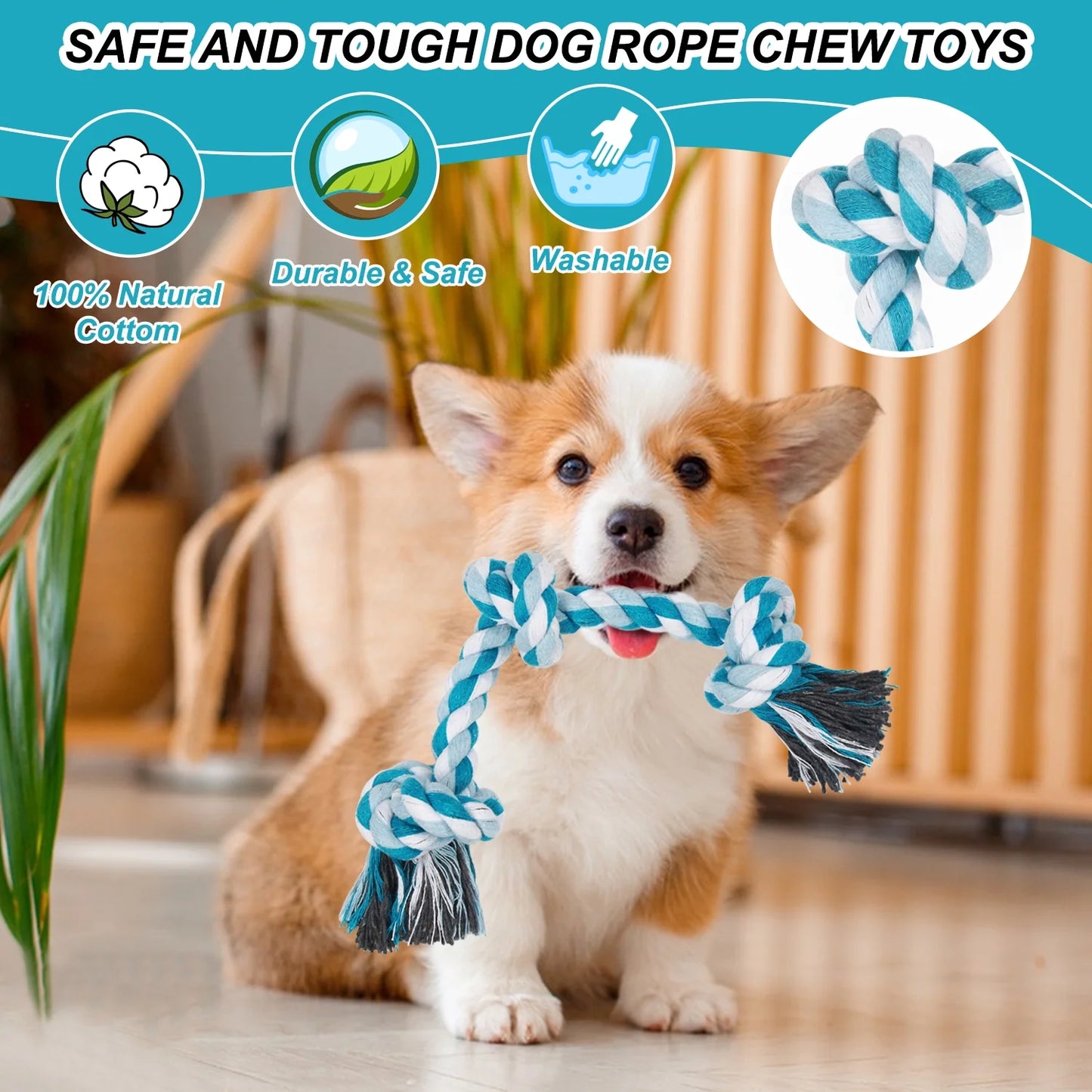 Durable Braided Cotton Dog Rope Toys with 3 Knots for Effective Teeth Cleaning - Ideal Gift for Pets (Blue)