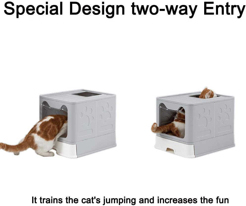 Foldable Cat Litter Box - Top Entry/Front Entry Large Enclosed Litter Box with Cat Litter Scoop, Gray