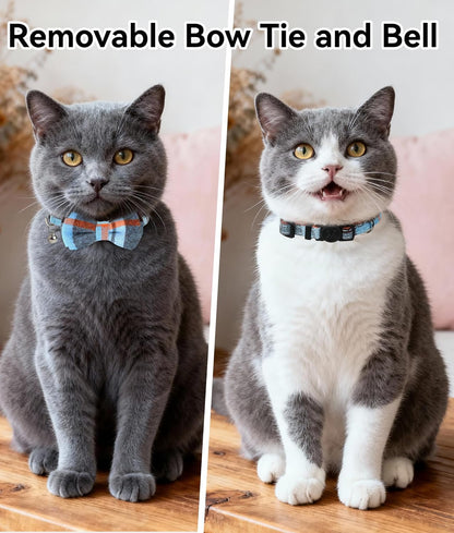 Upgraded Cat Collar with Bells, Breakaway Cat Collars with Bow Tie, 1 Pack Girl Boy Safety Plaid Kitten Collars, Haze Blue