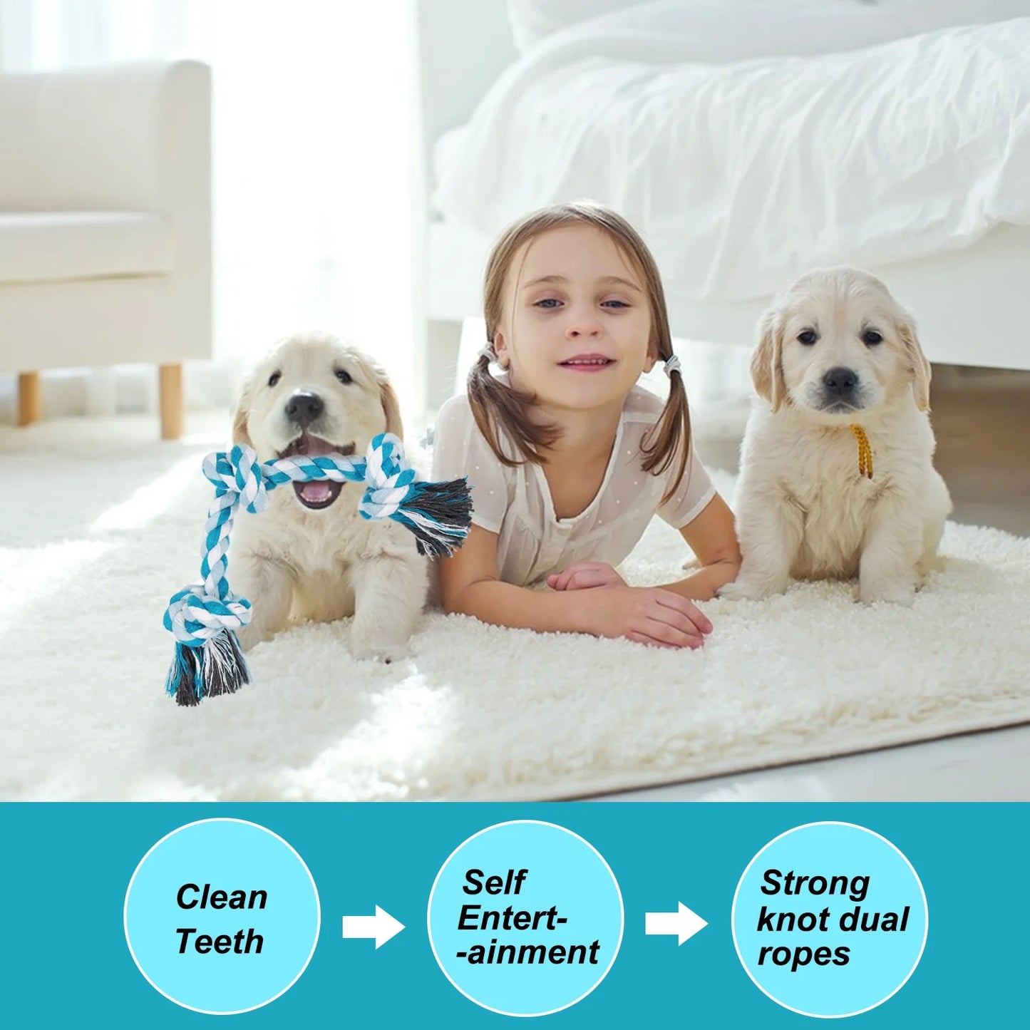Durable Braided Cotton Dog Rope Toys with 3 Knots for Effective Teeth Cleaning - Ideal Gift for Pets (Blue)