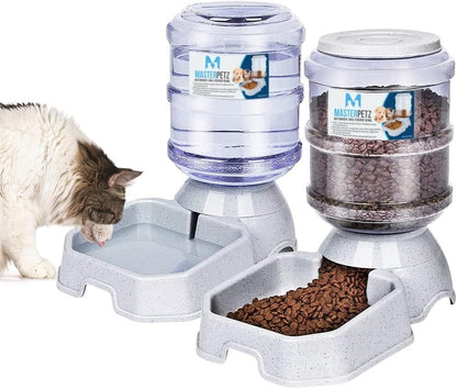 2 Pack Cat Feeder Automatic and Water Dispenser for Dogs Pets, 1 Gallon Gravity Feed Water Bowl Waterer for Small Medium Cats Auto Pet Waterer Replenish