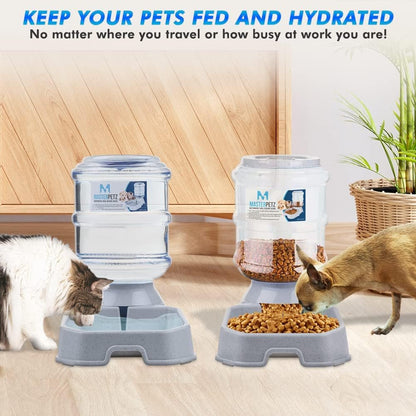 2 Pack Cat Feeder Automatic and Water Dispenser for Dogs Pets, 1 Gallon Gravity Feed Water Bowl Waterer for Small Medium Cats Auto Pet Waterer Replenish