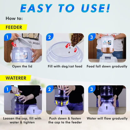 2 Pack Cat Feeder Automatic and Water Dispenser for Dogs Pets, 1 Gallon Gravity Feed Water Bowl Waterer for Small Medium Cats Auto Pet Waterer Replenish