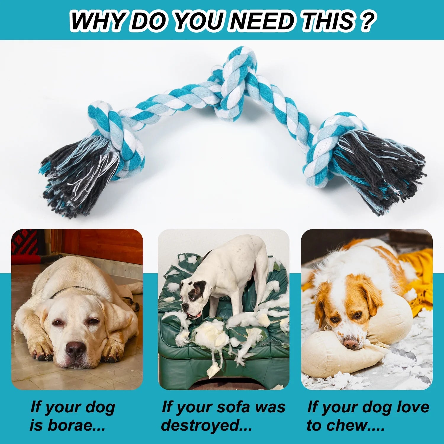 Durable Braided Cotton Dog Rope Toys with 3 Knots for Effective Teeth Cleaning - Ideal Gift for Pets (Blue)