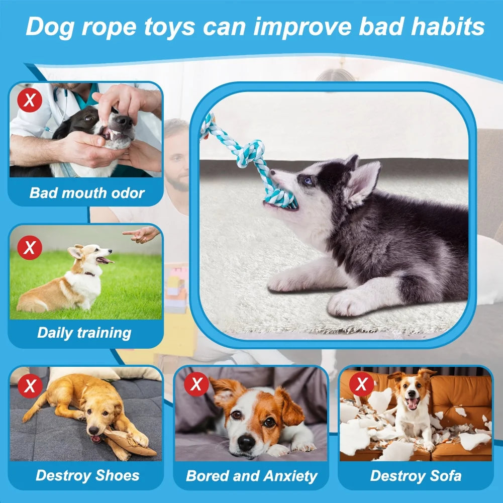 Durable Braided Cotton Dog Rope Toys with 3 Knots for Effective Teeth Cleaning - Ideal Gift for Pets (Blue)