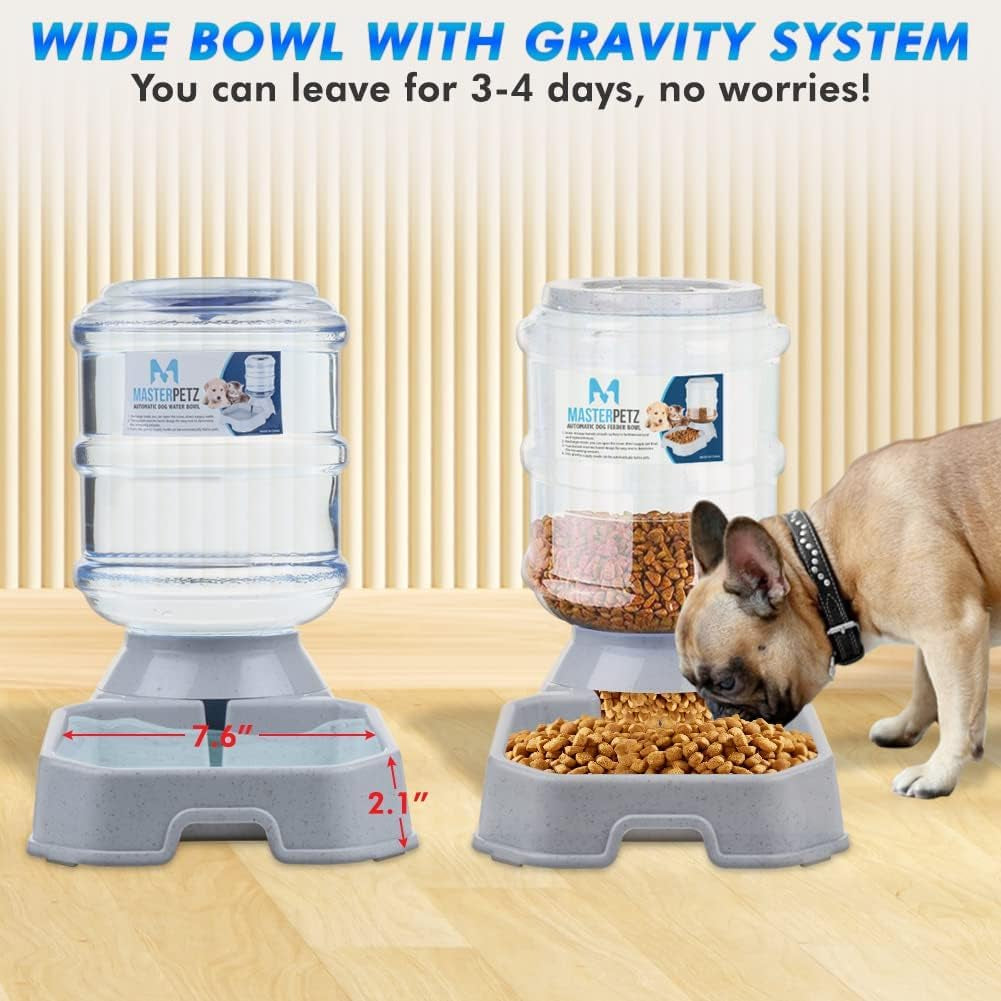 2 Pack Cat Feeder Automatic and Water Dispenser for Dogs Pets, 1 Gallon Gravity Feed Water Bowl Waterer for Small Medium Cats Auto Pet Waterer Replenish