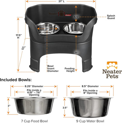 Neater Feeder Deluxe Mess-Proof Elevated Dog Bowls for Large Dogs (40+ Lbs), 2 Height Adjustable (14.5” & 17.5”) No-Spill Raised Dog Bowl Stand, Stainless Steel Food Bowl Set, Made in USA, Black